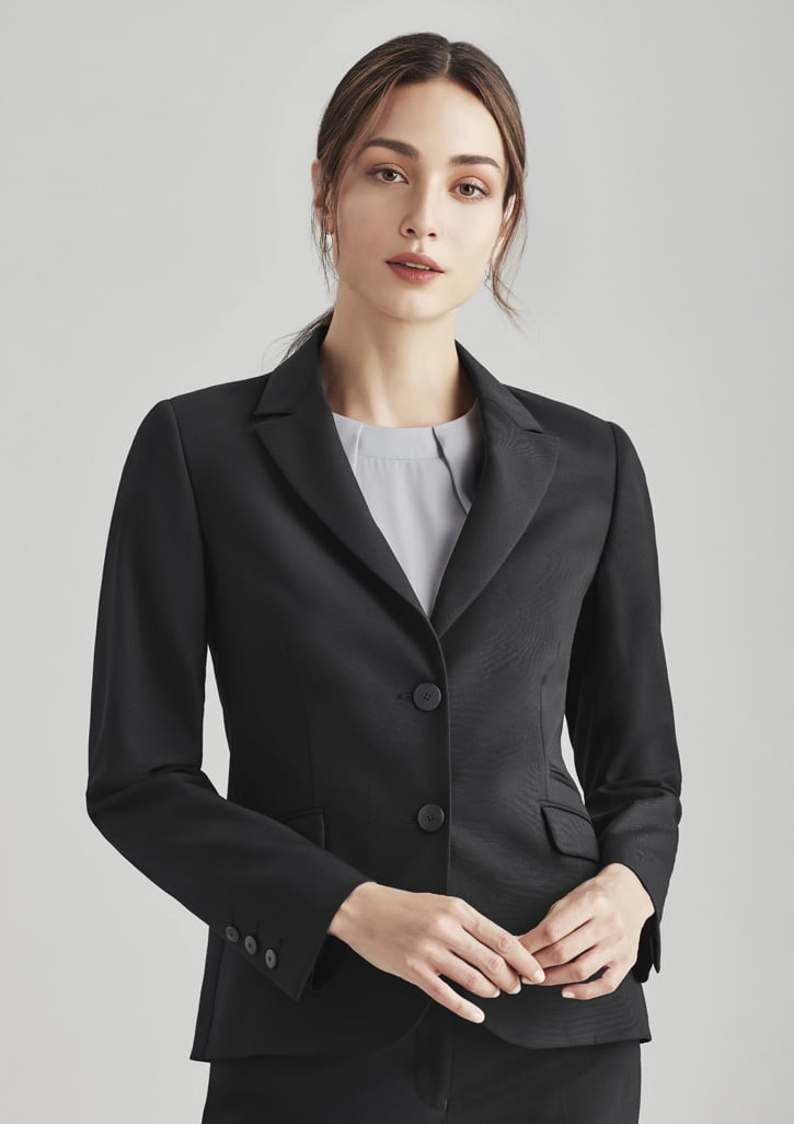 A women's black mid-length jacket featuring a two-button closure and sleek design. It has a branding logo on it.