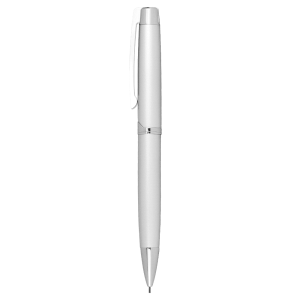 A white smooth twist action mechanical pencil with a sleek design and a silver clip. Features a logo on the barrel.