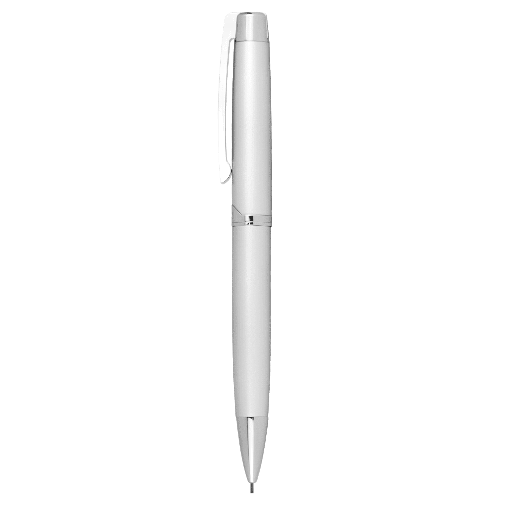 A white smooth twist action mechanical pencil with a sleek design and a silver clip. Features a logo on the barrel.