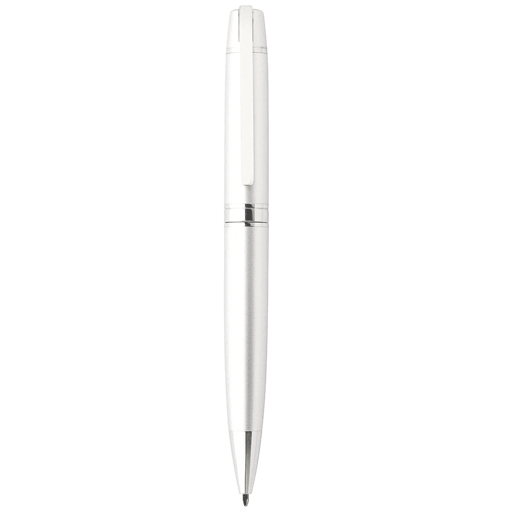 A sleek, silver metal pencil with a polished finish and a clip. It features a simple, elegant design.