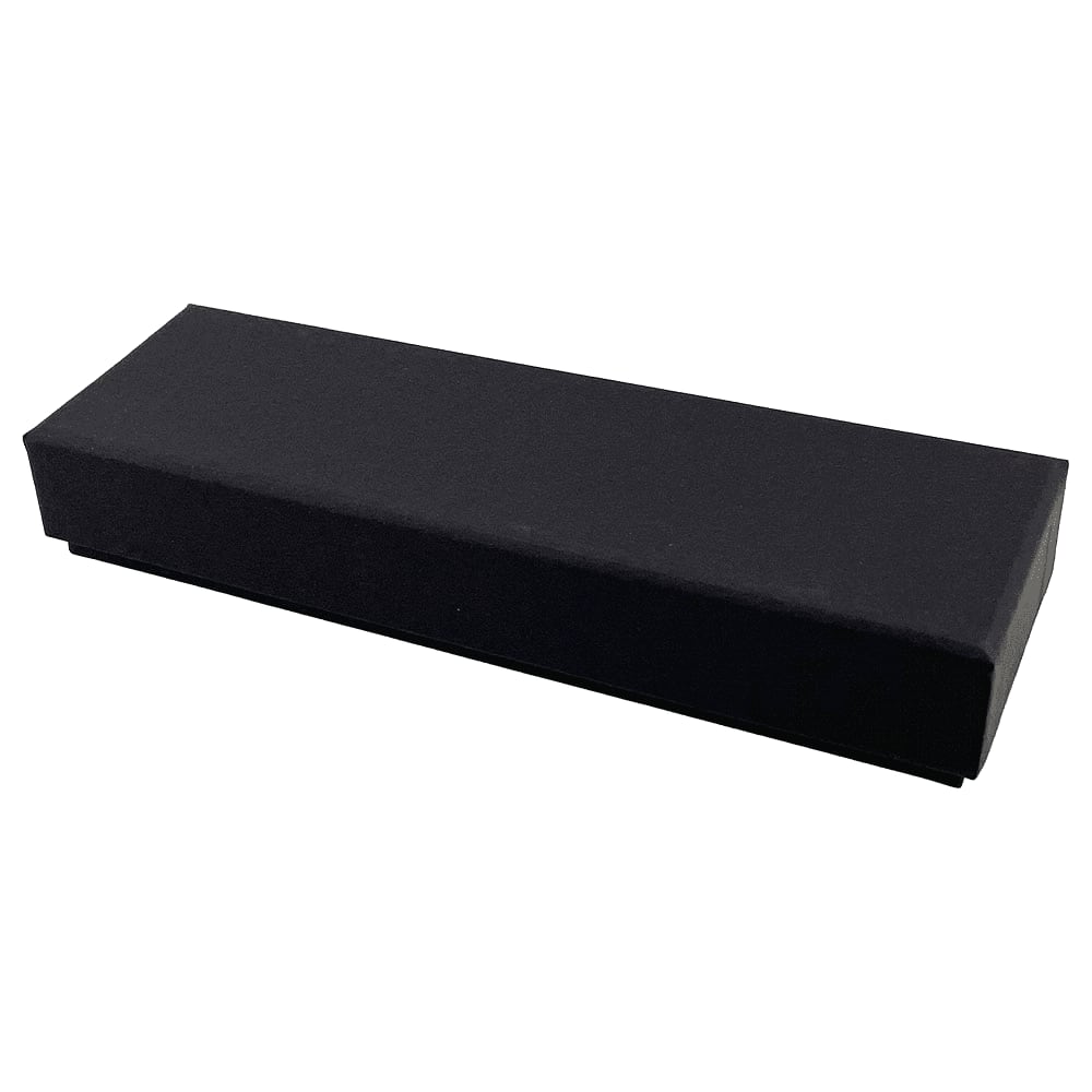 A black cardboard box designed to hold two pens, featuring a sleek and simple design.