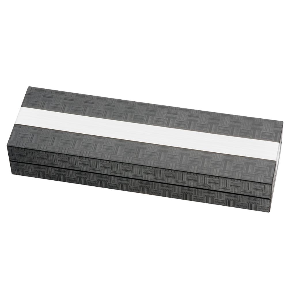A sleek grey pen box with a textured design, featuring a white band across the top and a logo.