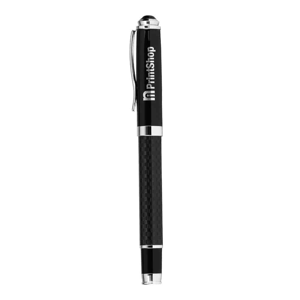 A black carbon fibre rollerball pen with chrome accents and a branding logo.