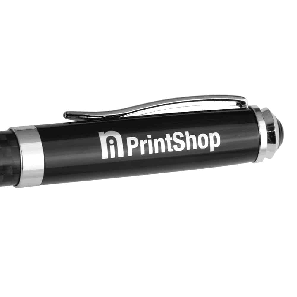 A black carbon fibre rollerball pen featuring a silver clip and a branding logo.