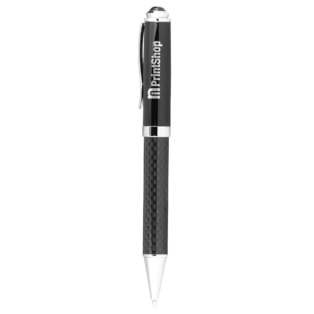 A sleek black carbon fibre ballpoint pen with chrome accents and a logo on the barrel.