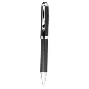 A black carbon fibre ballpoint pen with silver accents and a polished clip, featuring a logo.