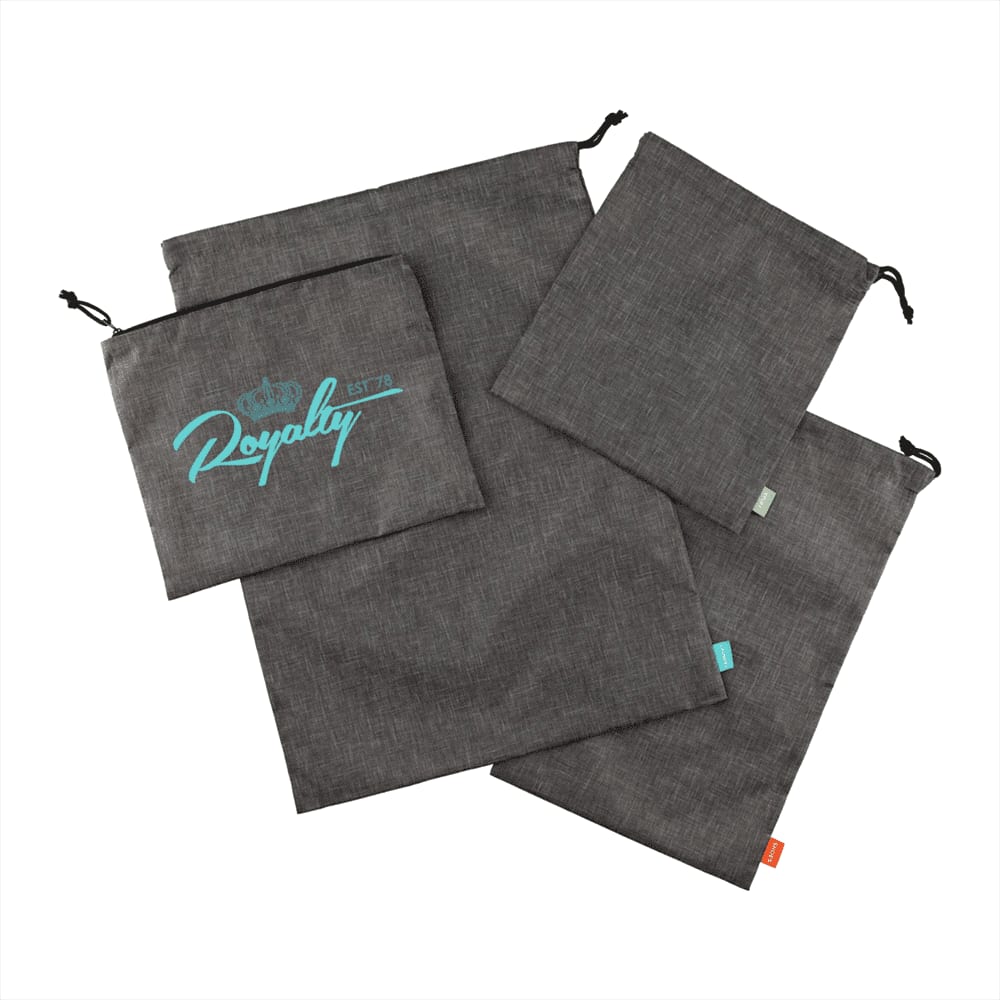A set of grey recycled clean bags in various sizes, featuring a logo and drawstring closures.