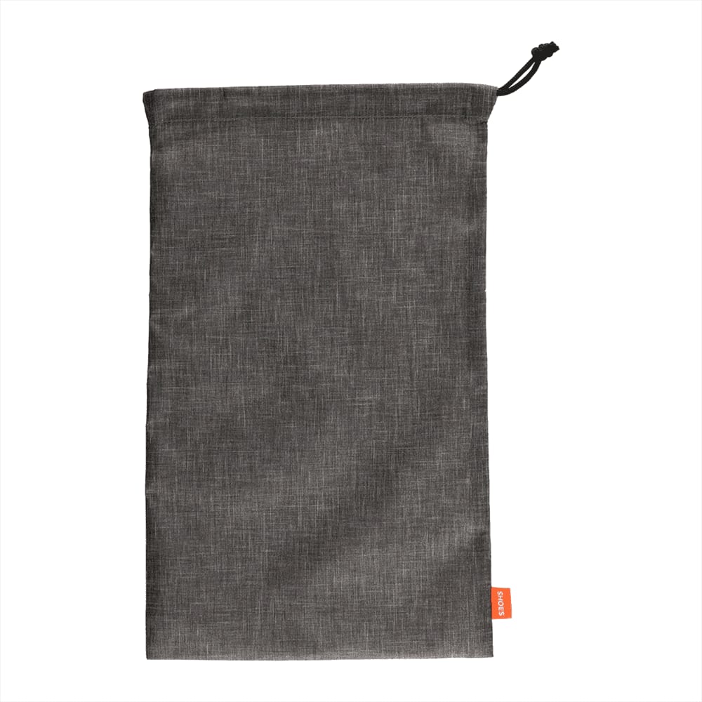 A grey toiletry bag with a drawstring closure and a small logo tag.