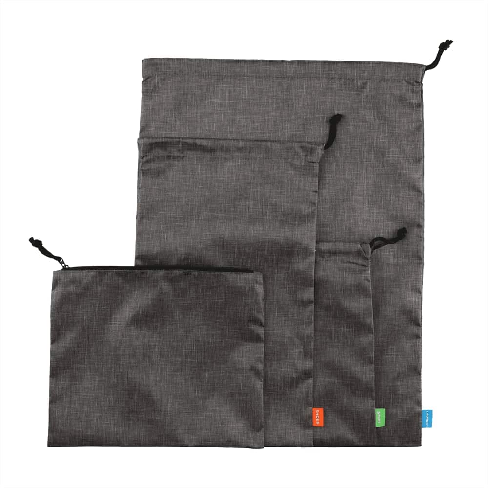 A set of three grey toiletry bags with drawstring closures, featuring colourful tags and a logo.