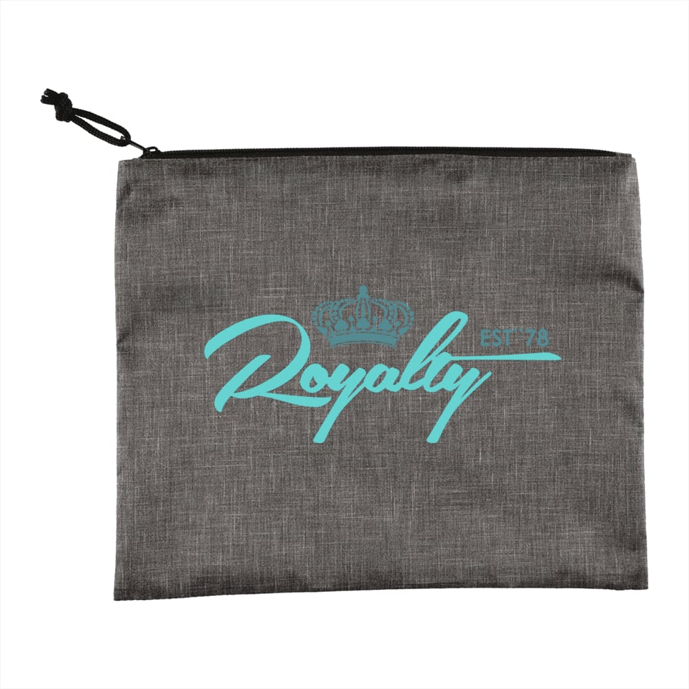 A grey toiletry bag with a turquoise logo and a zip closure, ideal for storing personal items.