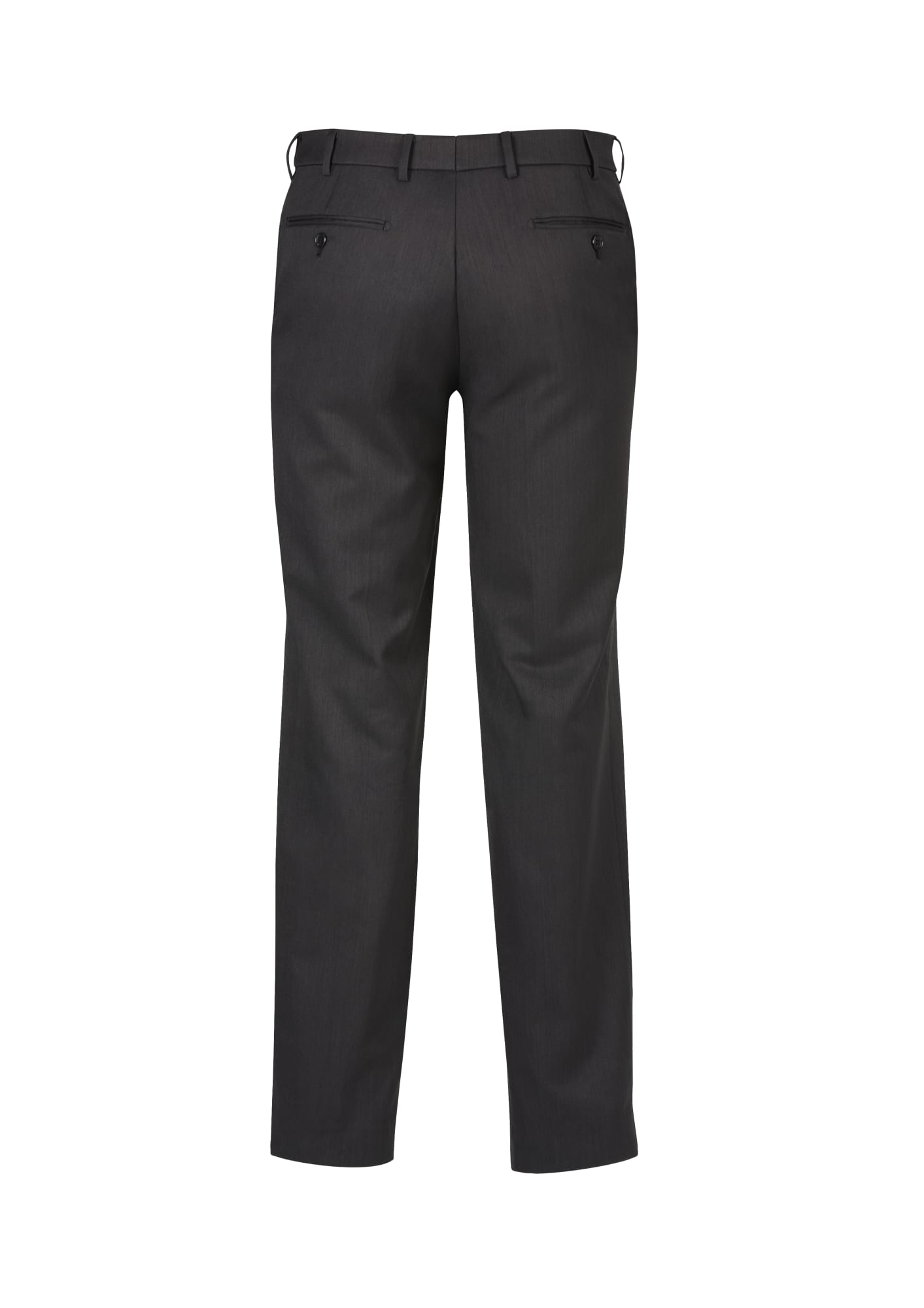Flat front black slacks with a straight leg design and two rear pockets. Features a logo on the waistband.