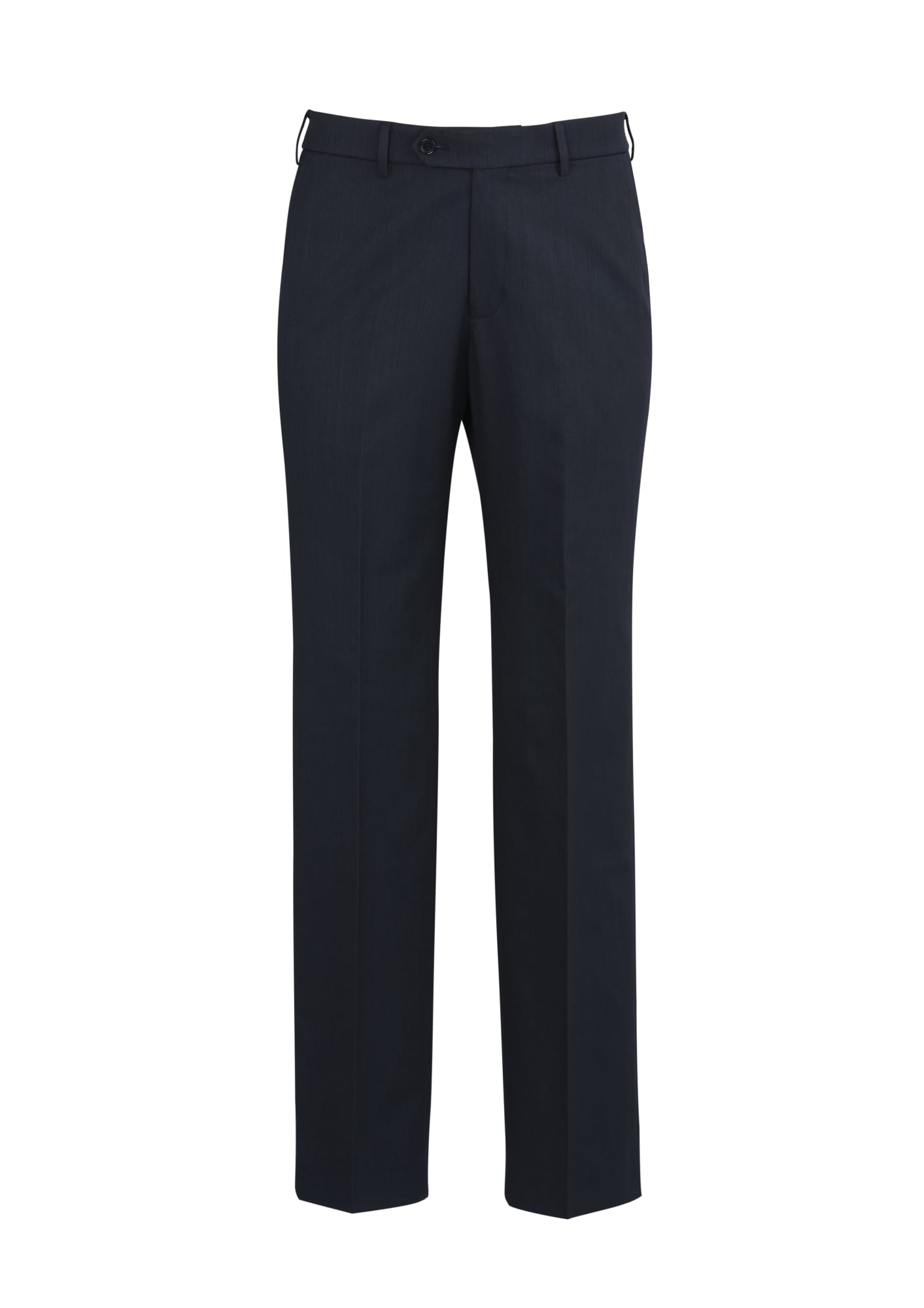 Mens cool stretch flat front pants in dark navy, featuring a slim fit and a subtle texture. Includes a logo detail.