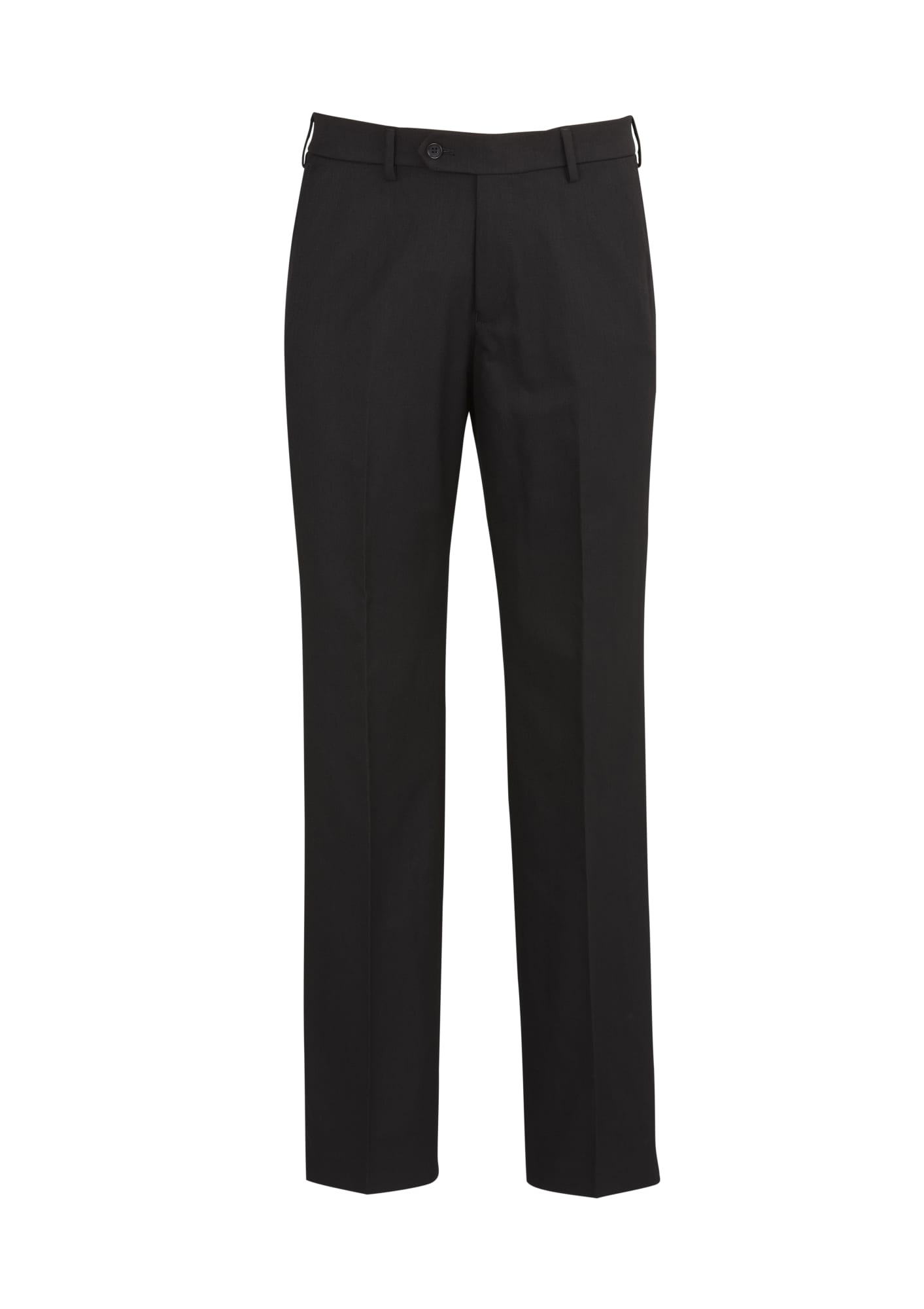 Mens flat front pants in black, featuring a cool stretch fabric and a classic design. Includes a logo.