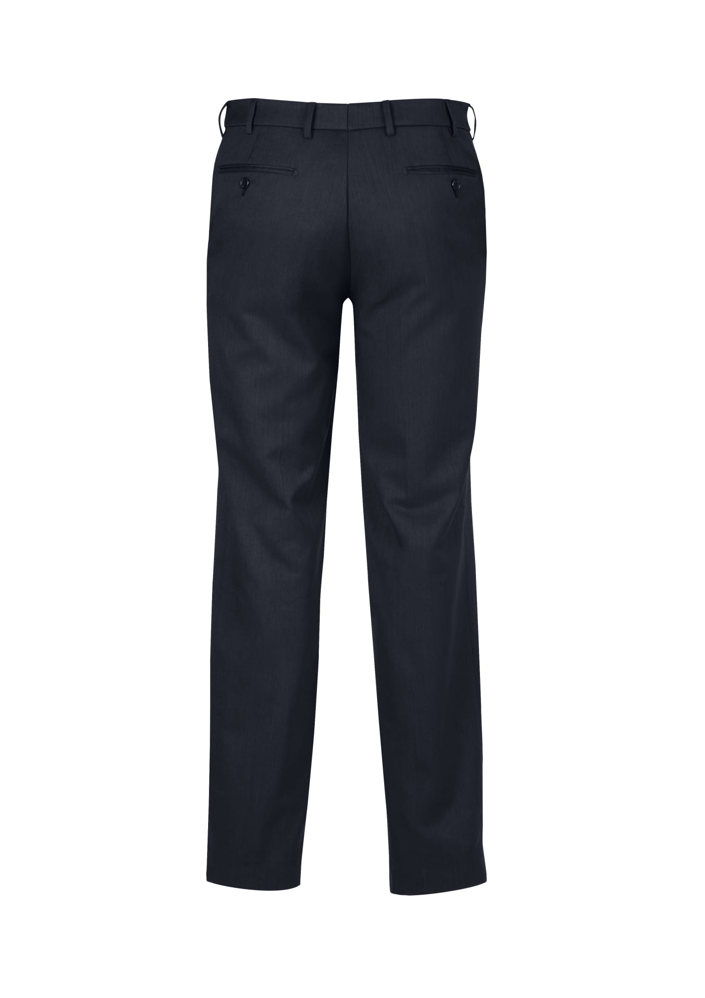 Men's flat front trousers in navy blue, featuring a sleek design and back pockets. Includes a logo patch.
