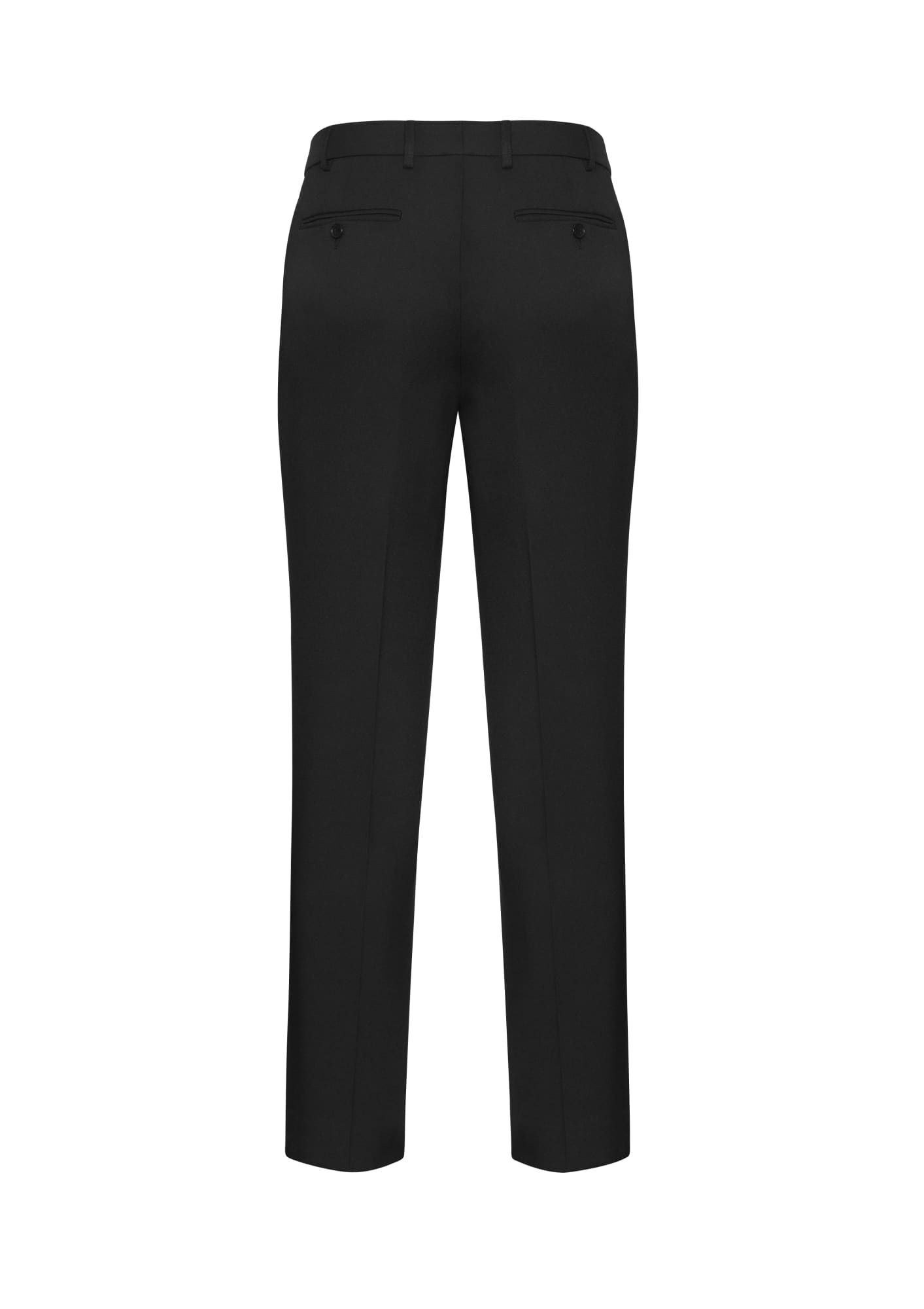 A pair of black slimline pants with a back view, featuring two rear pockets and a tailored fit.