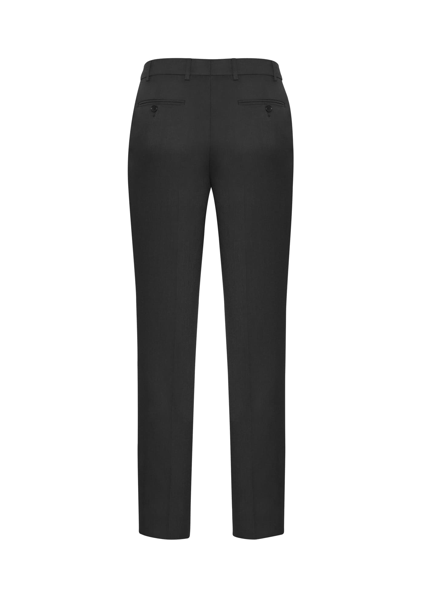 A pair of black slimline pants with a tailored fit, featuring back pockets and a logo.