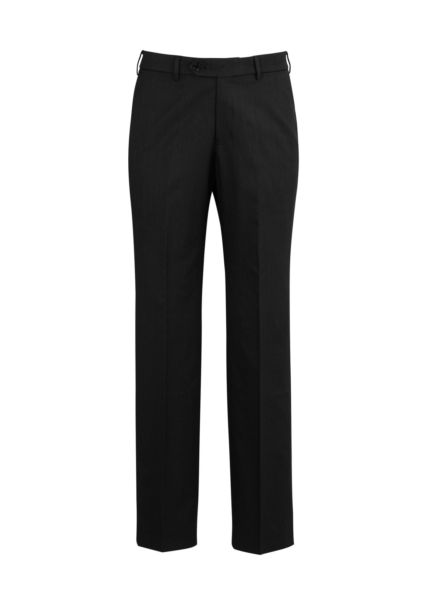 Black adjustable waist slacks featuring a straight leg design, suitable for menswear. Includes a logo.