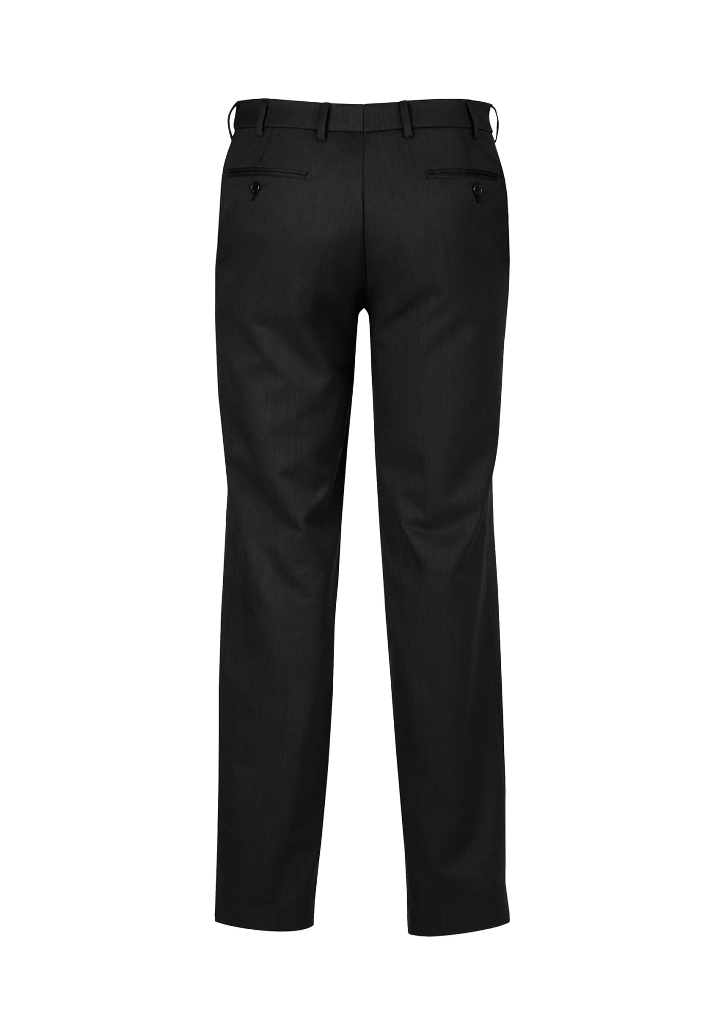 A pair of black men's slacks featuring an adjustable waist and a sleek tailored design. Includes a logo on the waistband.