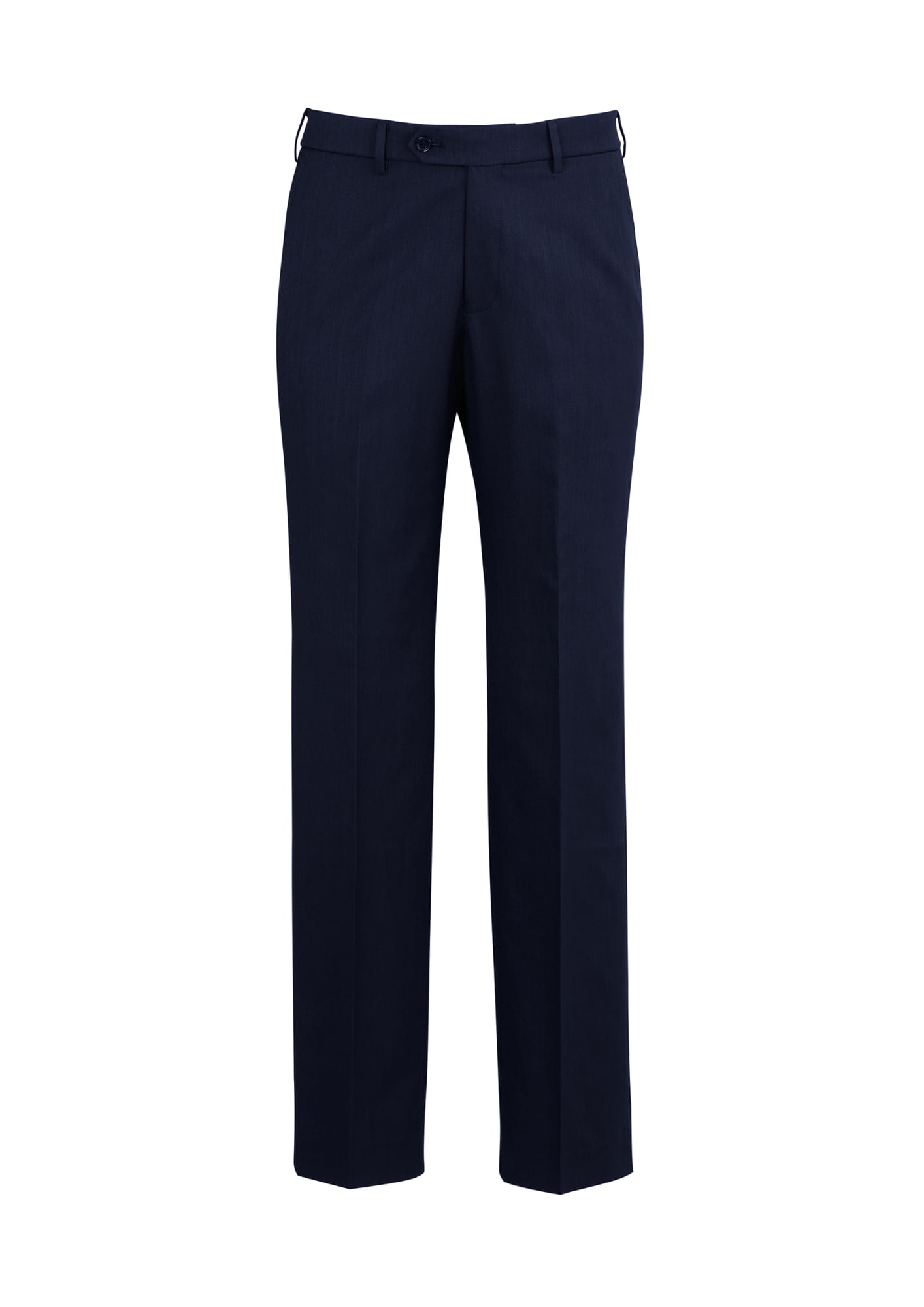 Navy blue men's slacks with an adjustable waist and a straight-leg design, featuring a logo on the waistband.