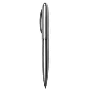 A silver metal ballpoint pen with a sleek design and a clip, featuring a branding logo.