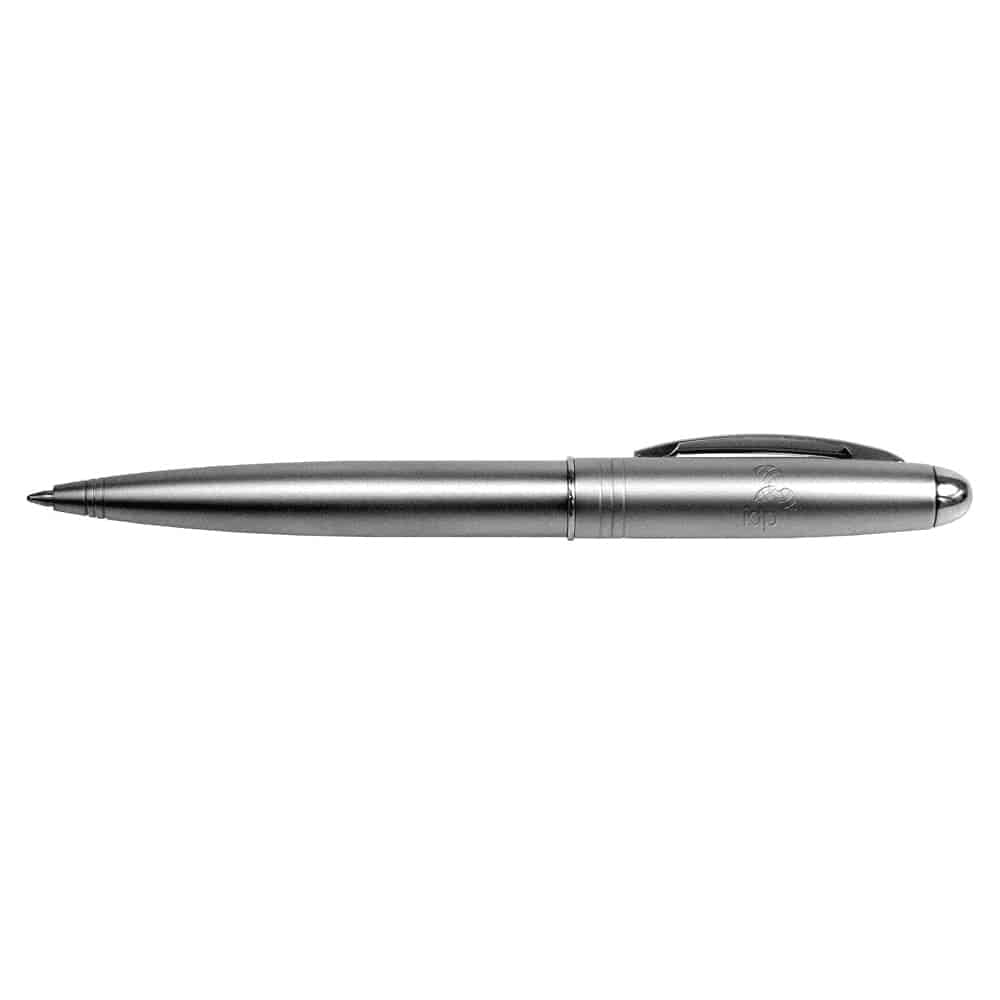 A silver metal ballpoint pen with a sleek design and a logo on the side.