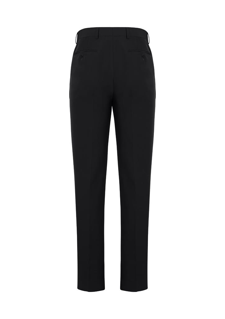 A pair of black slim fit flat front pants with a tailored design, featuring rear pockets.
