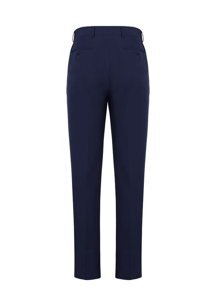 A pair of navy blue men's slim fit flat front pants with back pockets, featuring a logo on the waistband.