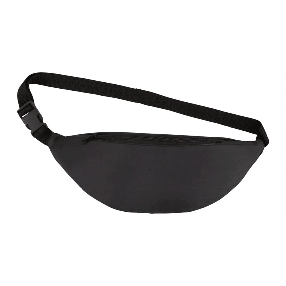 A black bum bag featuring a curved design and an adjustable strap, with a zippered compartment and a logo.