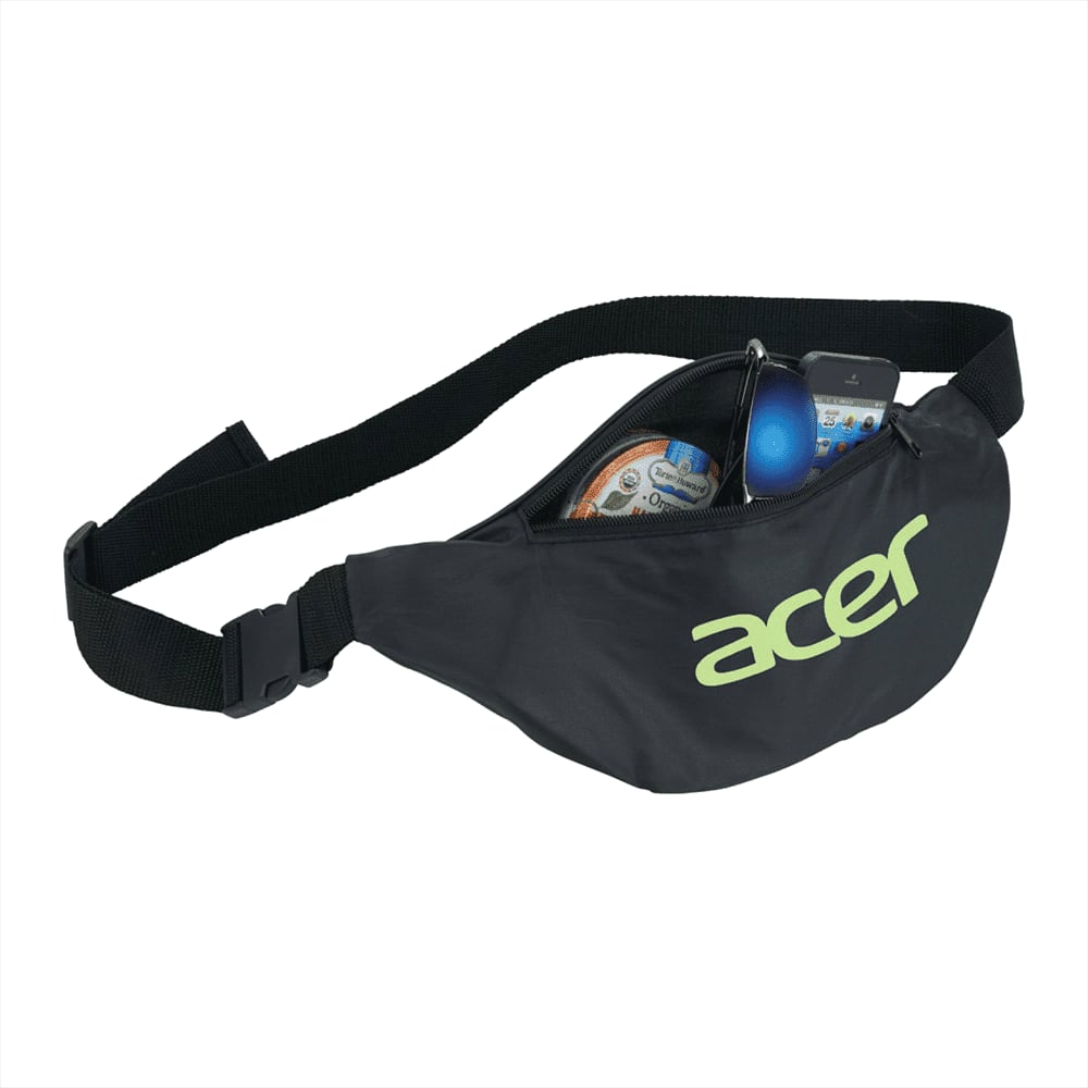 A black bum bag featuring a zippered pocket and holding sunglasses and a phone, with a logo on the front.