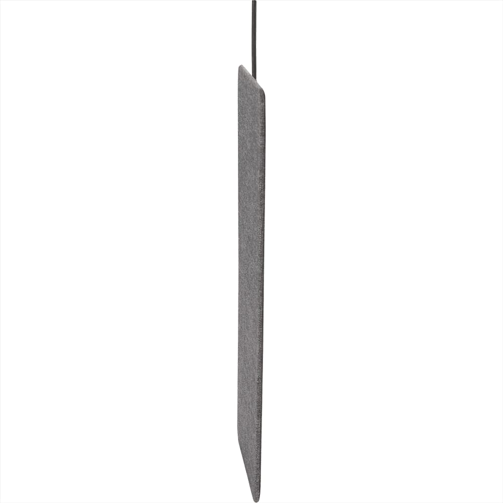 A slim, grey wireless charging pad with a textured surface and a hanging cord. It features a logo on the side.