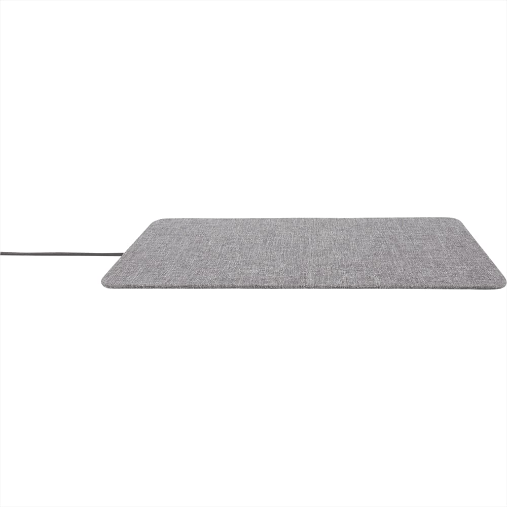 A grey ultra-thin fabric wireless charging pad with a sleek design and a connecting cable.
