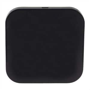 A black wireless charging pad with dual outputs, featuring a smooth, square design and a logo.