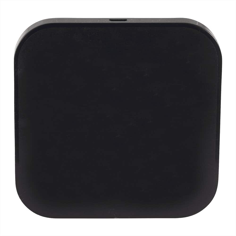 A black wireless charging pad with dual outputs, featuring a smooth, square design and a logo.