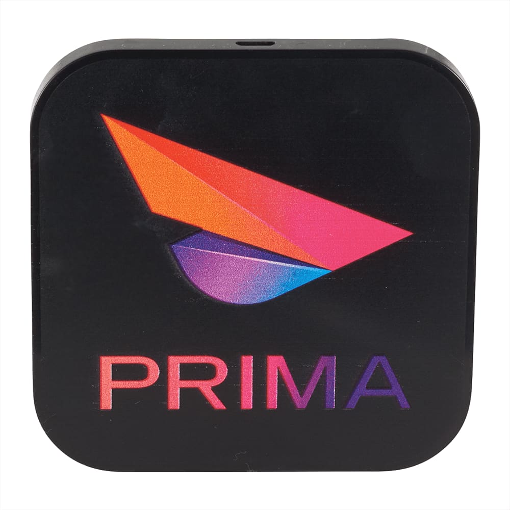 A wireless charging pad in black with a colourful logo featuring geometric shapes. It has dual outputs.
