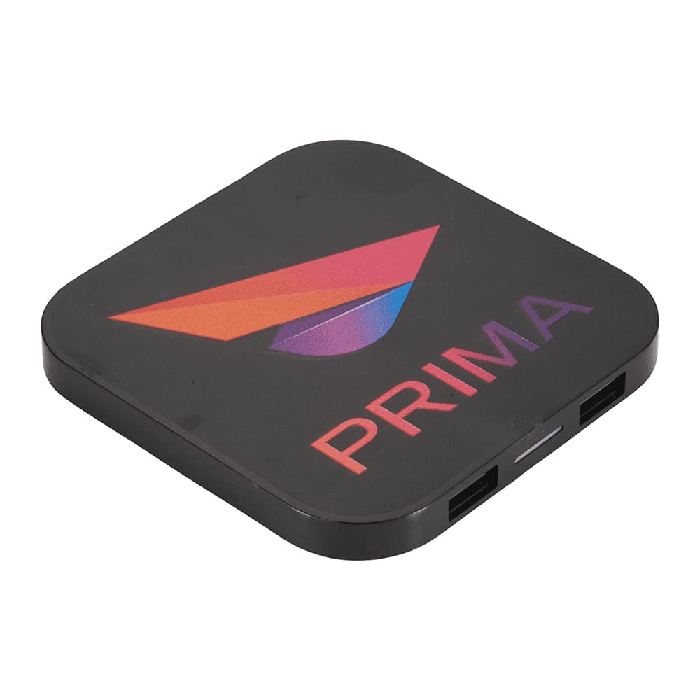 A black wireless charging pad with dual outputs and a logo featuring a colourful design.