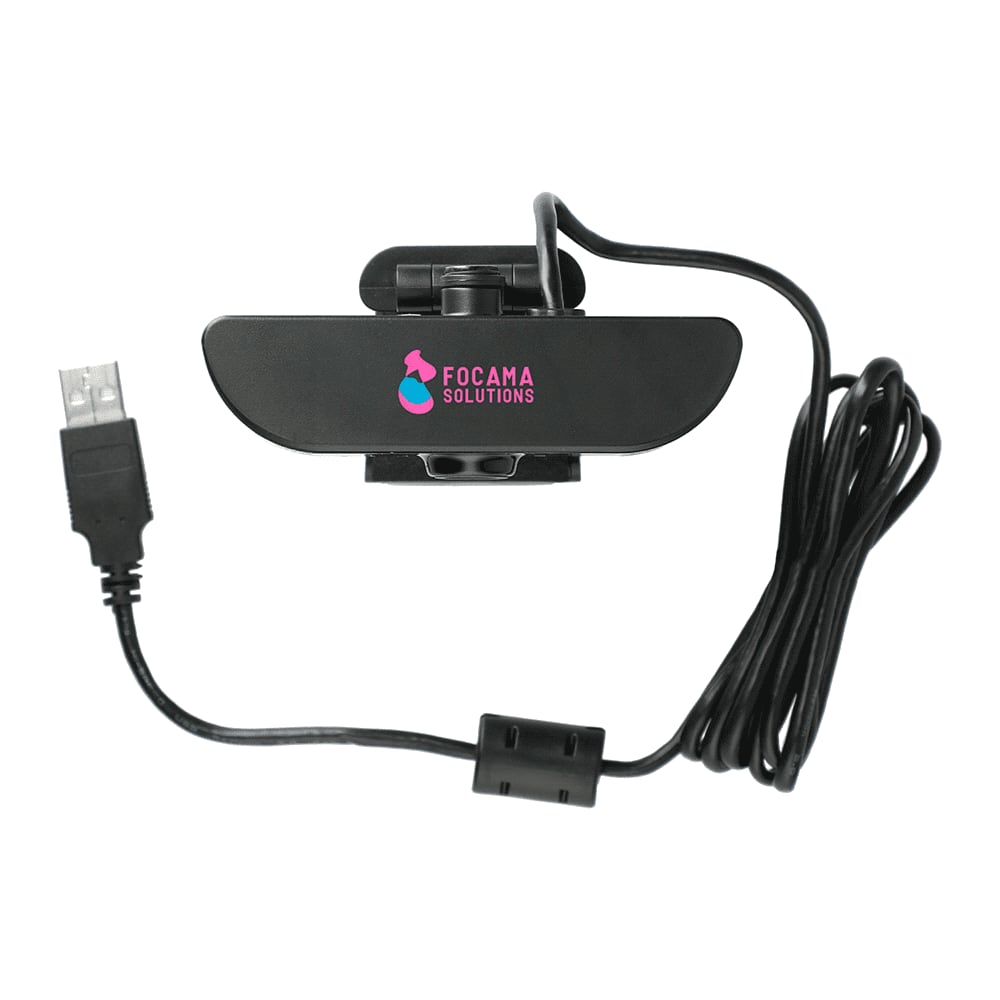 A black 1080P HD webcam with a built-in microphone and USB connection, featuring a logo on top.