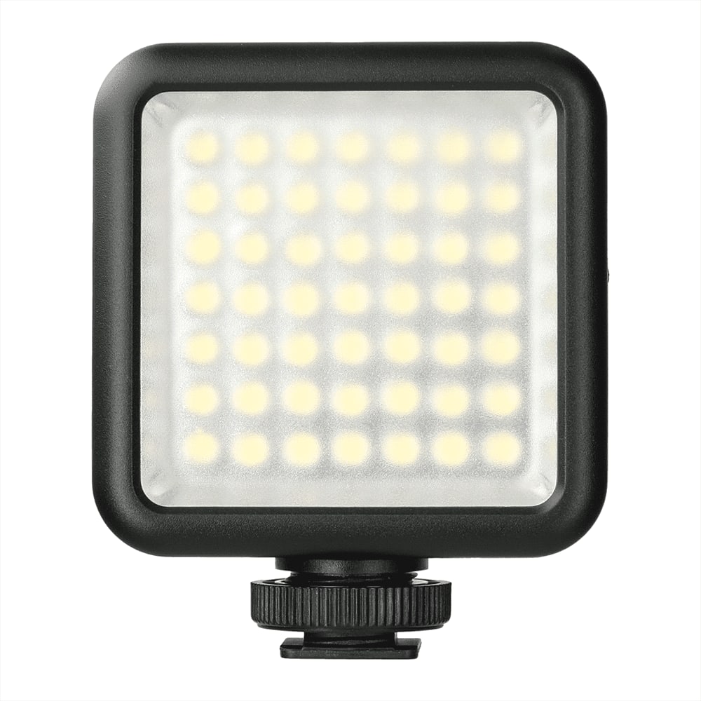 A square portable video light with a black frame and multiple LED bulbs, designed for use with laptops and tablets.