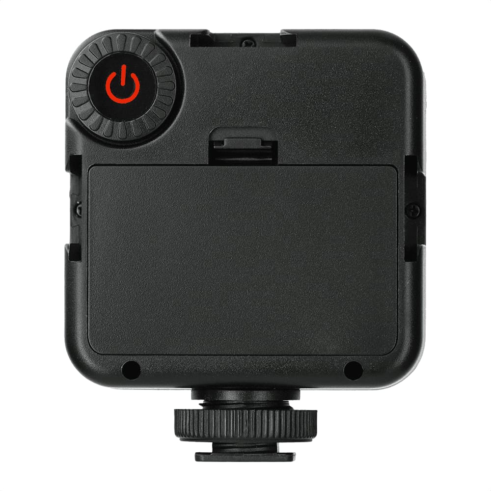 A portable video light in black with a power button and adjustable mount for laptops and tablets.