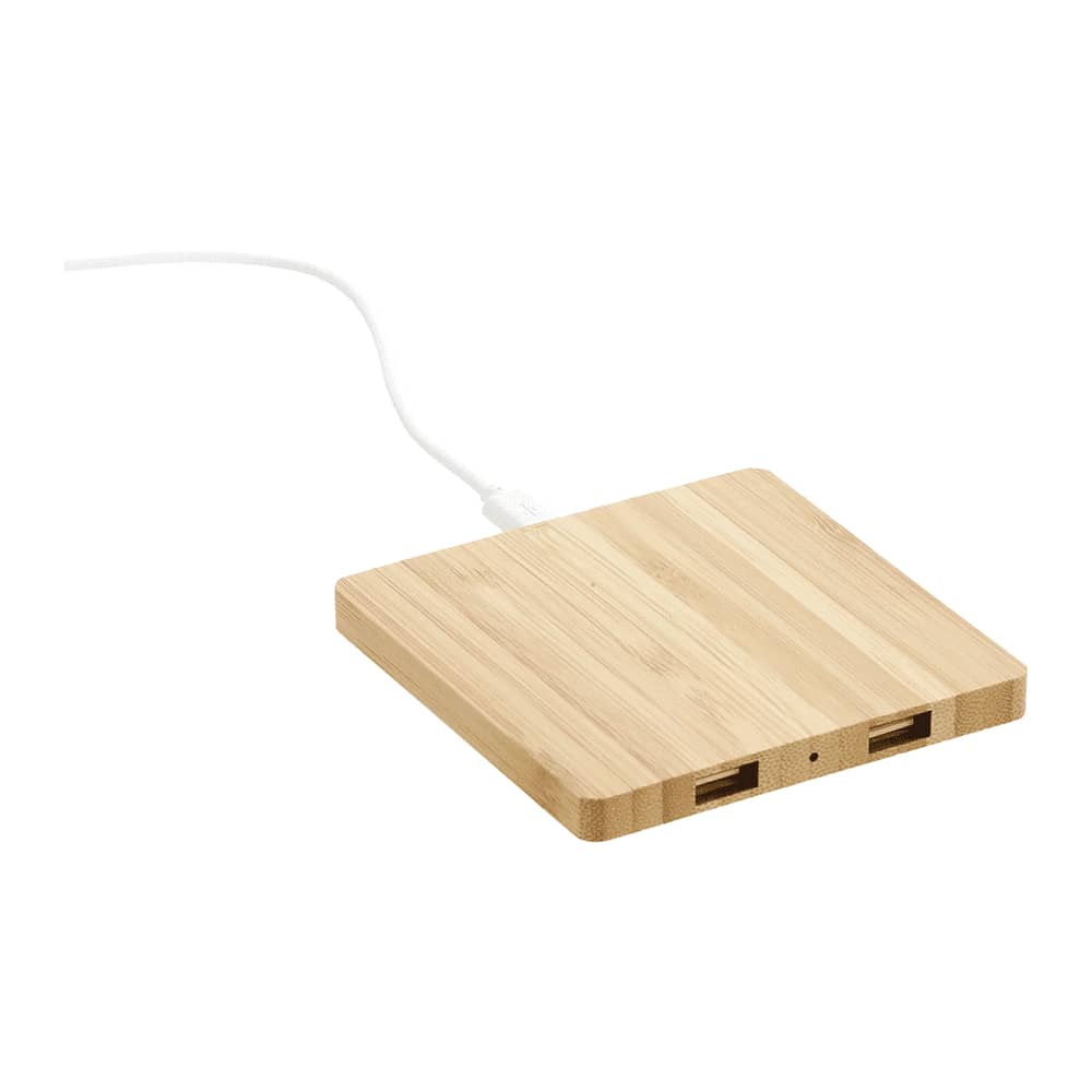 A bamboo wireless charging pad with dual outputs, featuring a wooden finish and a white charging cable.