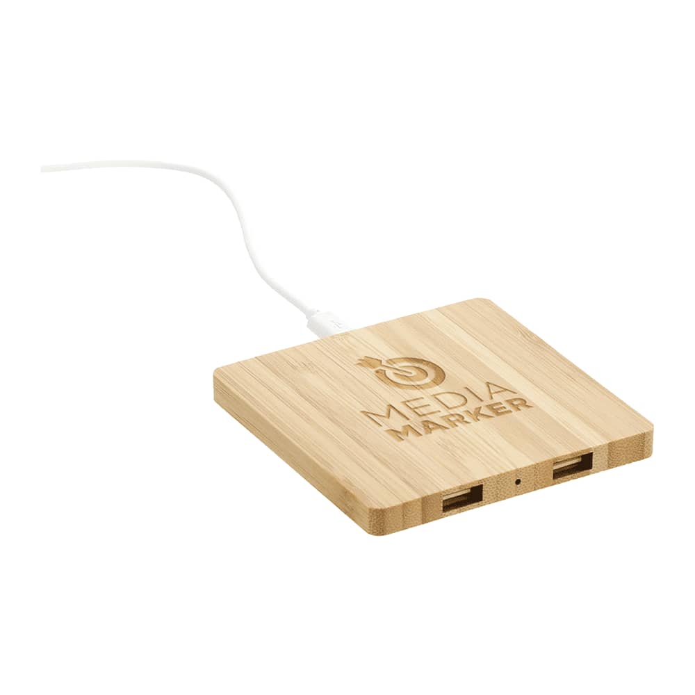 A bamboo wireless charging pad with dual outputs, featuring a logo and a white charging cable.
