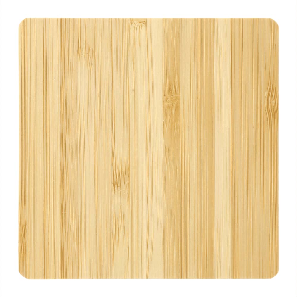 A bamboo wireless charging pad with a smooth, natural finish and rounded corners, featuring a logo.