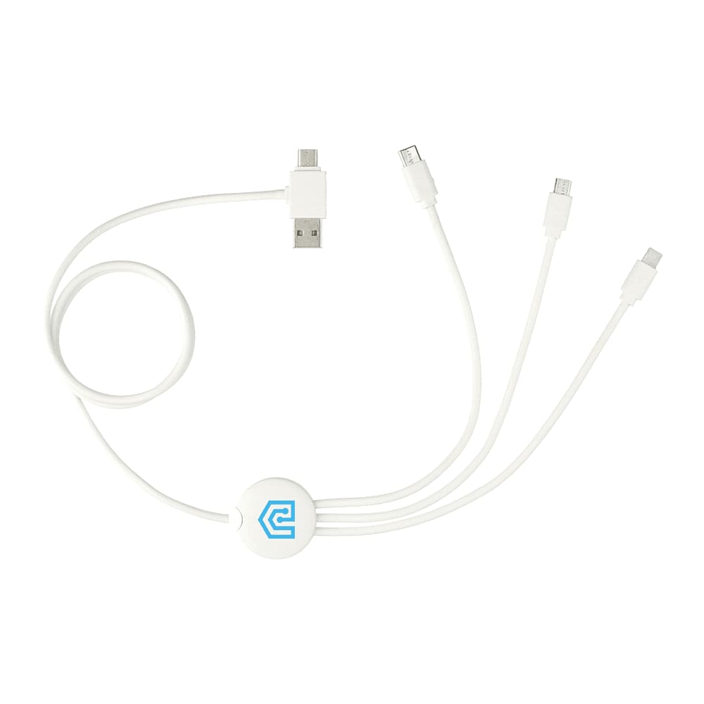 A white 5-in-1 charging cable with multiple connectors and a logo on the centre hub.