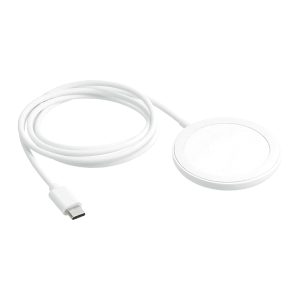 A white wireless charging pad with a USB-C cable attached. It features a smooth, circular design and has a logo.