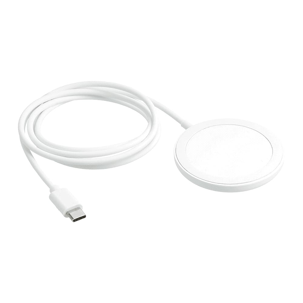 A white wireless charging pad with a USB-C cable attached. It features a smooth, circular design and has a logo.
