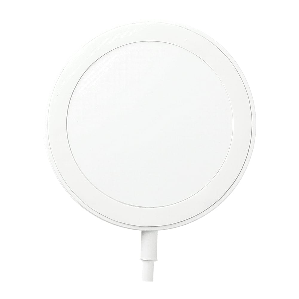 A white wireless charging pad with a circular design and a connected cable. Contains a branding logo.