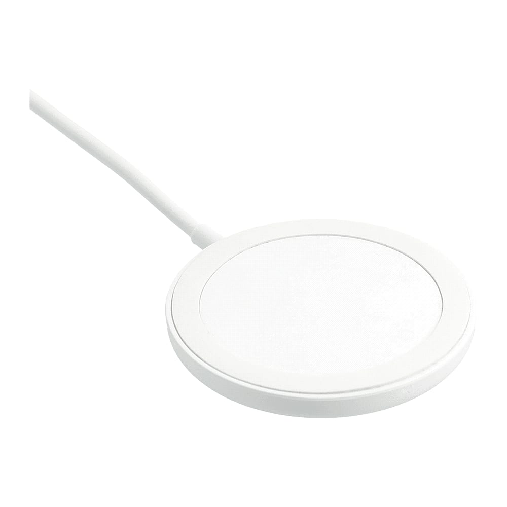A white wireless charging pad with a smooth surface and a connected cable, featuring a logo on the surface.