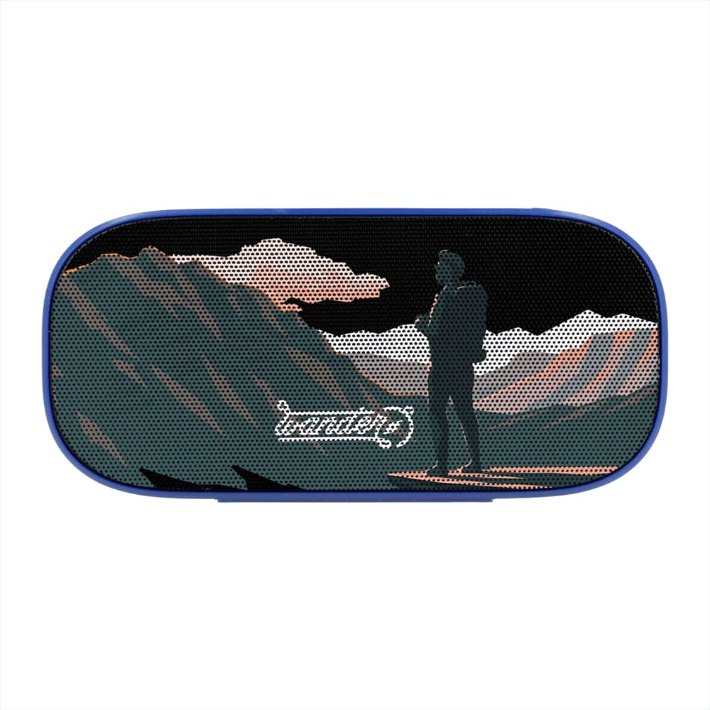 A blue Bluetooth speaker featuring a silhouette against a mountain backdrop and a logo on the front.