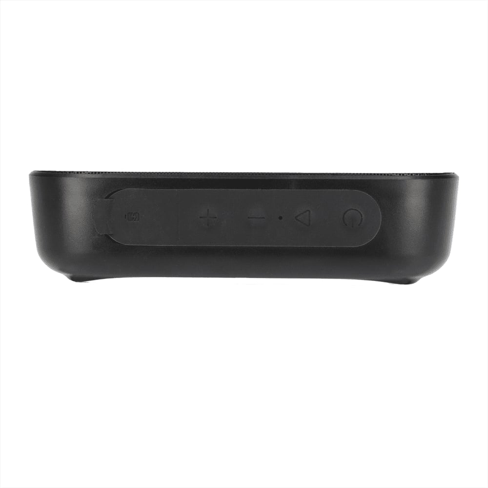 A black Bluetooth speaker featuring control buttons on the side and a sleek, minimalist design.