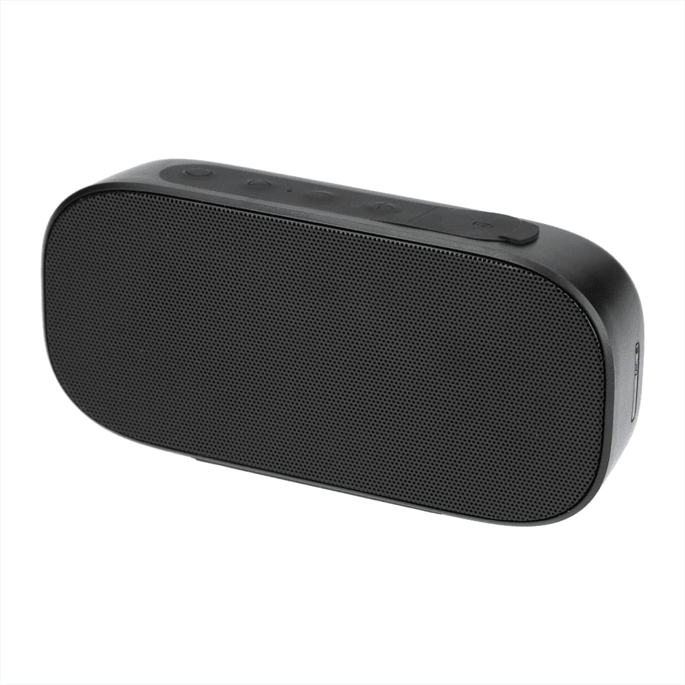 A black Bluetooth speaker with control buttons on top and a mesh grille design on the front.