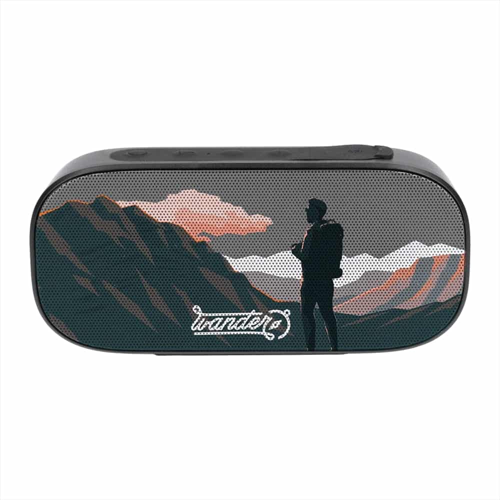 A black Bluetooth speaker featuring a graphic of a silhouette against a mountain landscape. It has a logo on the front.